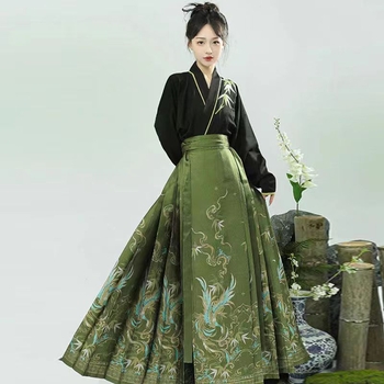 Uus Guofengi hobuse näoga seelik Ming-stiilis Hanfu naiste uus hiina stiilis pikkade varrukatega tikitud kaheosaline iidne ülikond igapäevane hobuse näoga seelik