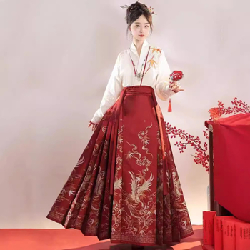 Uus Guofengi hobuse näoga seelik Ming-stiilis Hanfu naiste uus hiina stiilis pikkade varrukatega tikitud kaheosaline iidne ülikond igapäevane hobuse näoga seelik