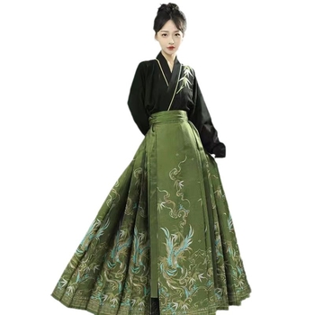 Uus Guofengi hobuse näoga seelik Ming-stiilis Hanfu naiste uus hiina stiilis pikkade varrukatega tikitud kaheosaline iidne ülikond igapäevane hobuse näoga seelik