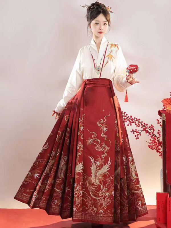 Uus Guofengi hobuse näoga seelik Ming-stiilis Hanfu naiste uus hiina stiilis pikkade varrukatega tikitud kaheosaline iidne ülikond igapäevane hobuse näoga seelik