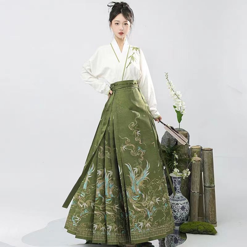 Fustă nouă Guofeng cu față de cal, fabricată în Ming, Hanfu, pentru femei, stil chinezesc, cu mâneci lungi, brodate cu guler manual, din două piese, costum antic zilnic, fustă cu față de cal
