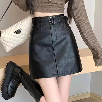 Κομψή κοντή φούστα σε γραμμή Α για μικρές γυναίκες, ψηλόμεση, αντιολισθητική δερμάτινη φούστα PU που αγκαλιάζει τους γλουτούς, αντιολισθητική φούστα μισού σώματος για λεπτότητα
