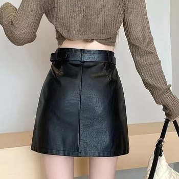 Κομψή κοντή φούστα σε γραμμή Α για μικρές γυναίκες, ψηλόμεση, αντιολισθητική δερμάτινη φούστα PU που αγκαλιάζει τους γλουτούς, αντιολισθητική φούστα μισού σώματος για λεπτότητα