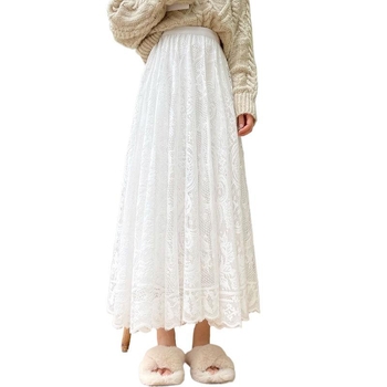 Френска пола с висока талия, издълбана, средна дължина, А-силует, голяма дантелена пола с люлеене, елегантна есенно-зимна плисирана пола за жени, драпирана
