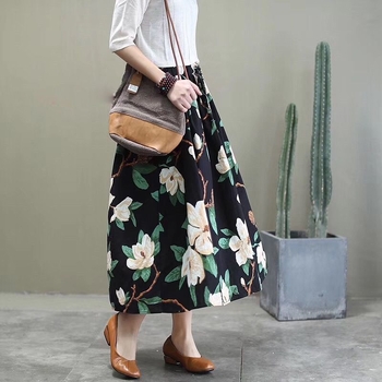 Φούστα από βαμβάκι και λινό με φλοράλ σχέδια, καλοκαίρι 2021, ψηλόμεση, λεπτή μέση, ρετρό τυπωμένη μέση, μεσαίου μήκους