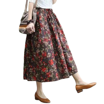 Φούστα από βαμβάκι και λινό με φλοράλ σχέδια, καλοκαίρι 2021, ψηλόμεση, λεπτή μέση, ρετρό τυπωμένη μέση, μεσαίου μήκους