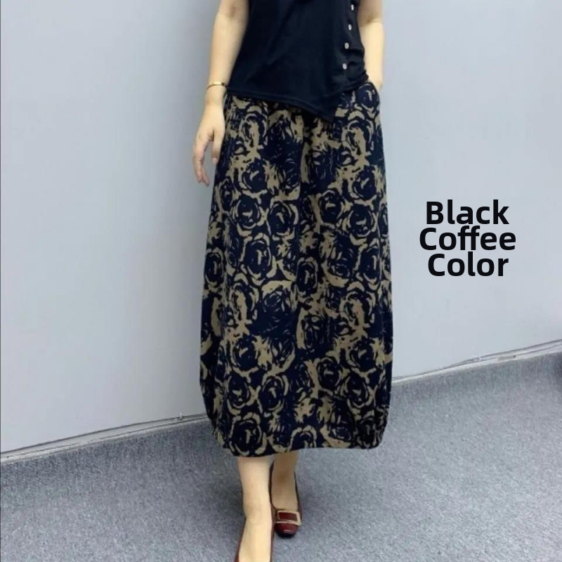 Cvjetna pamučna i lanena suknja za ljeto 2021., nova suknja visokog struka za mršavljenje A-kroja, širokog struka s retro printom, srednje duljine