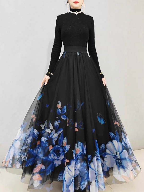 Duga haljina u francuskom stilu, elegantna mrežasta haljina visoke kvalitete s cvjetnim priнтom, velika swing haljina A-kroja, haljina do pola, viseća, uska strukirana haljina od gaze za ples