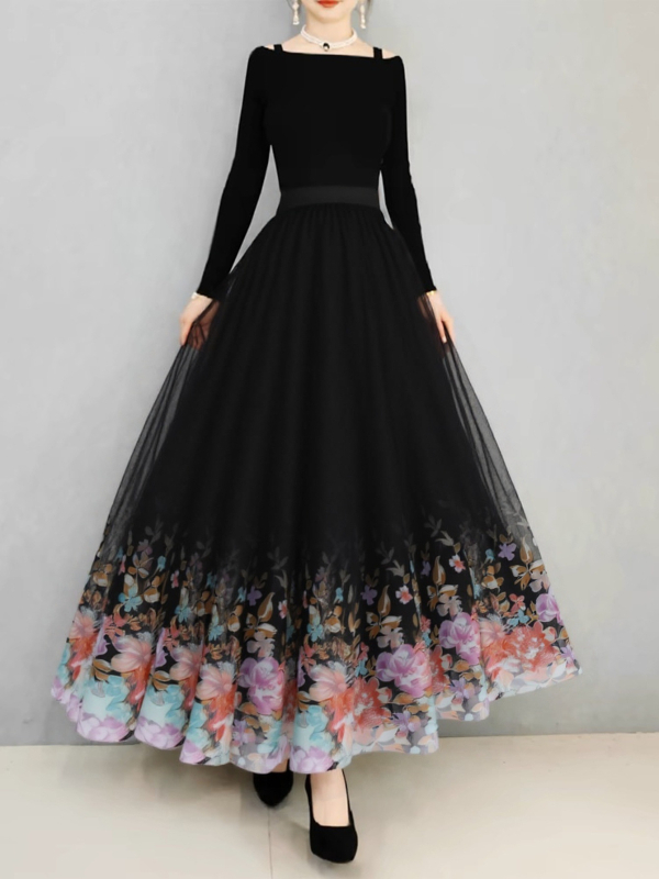 Duga haljina u francuskom stilu, elegantna mrežasta haljina visoke kvalitete s cvjetnim priнтom, velika swing haljina A-kroja, haljina do pola, viseća, uska strukirana haljina od gaze za ples