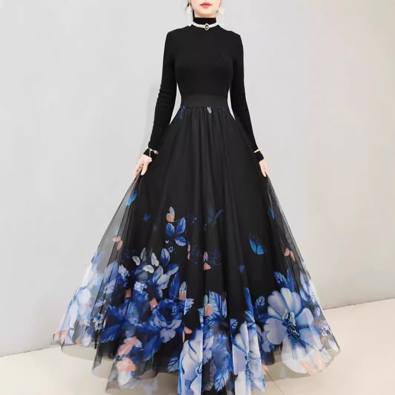 Duga haljina u francuskom stilu, elegantna mrežasta haljina visoke kvalitete s cvjetnim priнтom, velika swing haljina A-kroja, haljina do pola, viseća, uska strukirana haljina od gaze za ples