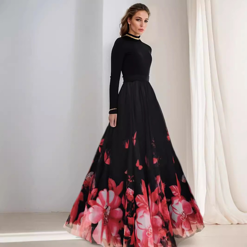 Duga haljina u francuskom stilu, elegantna mrežasta haljina visoke kvalitete s cvjetnim priнтom, velika swing haljina A-kroja, haljina do pola, viseća, uska strukirana haljina od gaze za ples