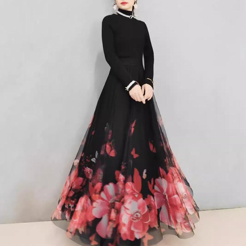 Duga haljina u francuskom stilu, elegantna mrežasta haljina visoke kvalitete s cvjetnim priнтom, velika swing haljina A-kroja, haljina do pola, viseća, uska strukirana haljina od gaze za ples