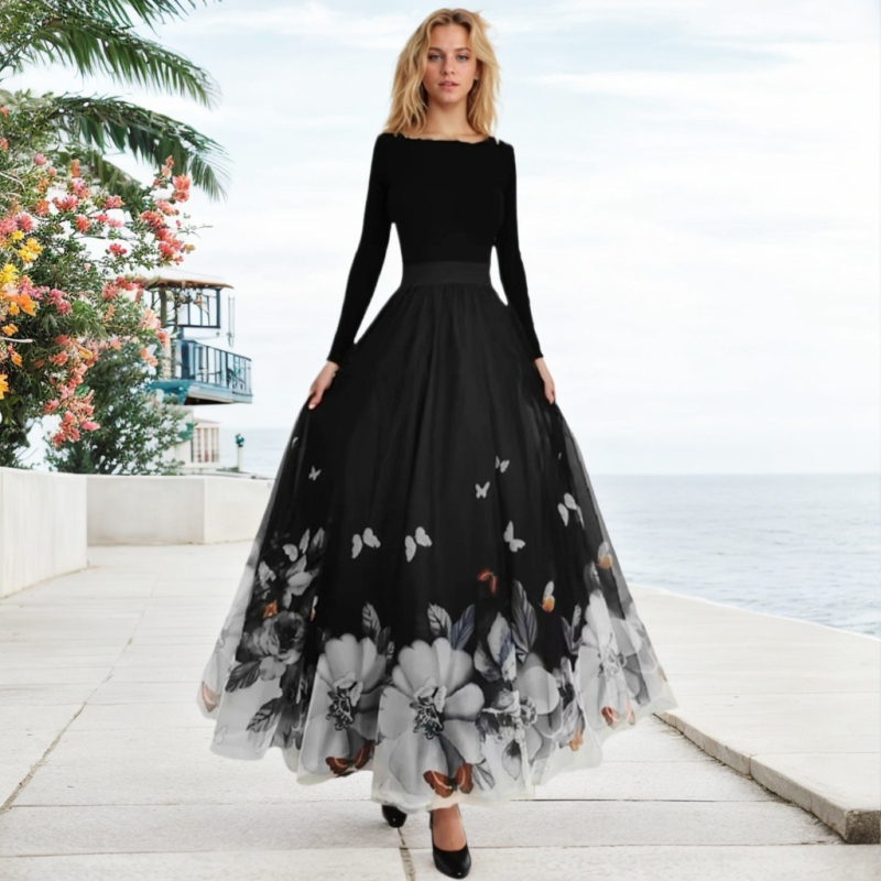 Duga haljina u francuskom stilu, elegantna mrežasta haljina visoke kvalitete s cvjetnim priнтom, velika swing haljina A-kroja, haljina do pola, viseća, uska strukirana haljina od gaze za ples