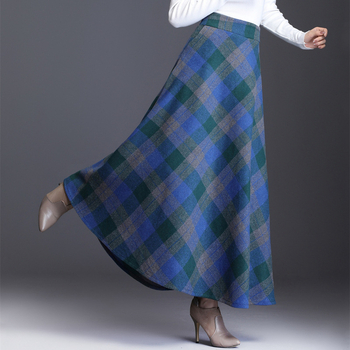 Karirana suknja za žene 2021. jesen/zima, retro vunena suknja srednje duljine s visokim strukom, A-kroja, zadebljana suknja, duga suknja za bucmaste djevojke