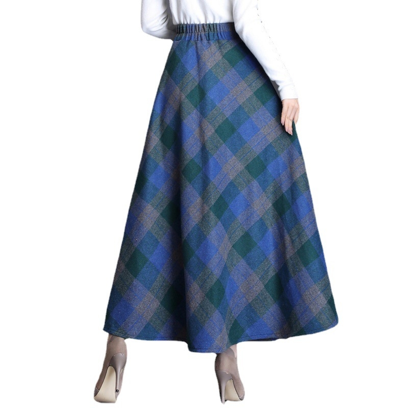 Fustă în carouri pentru femei 2021 toamna și iarna retro din lână, lungime medie, talie înaltă, linie A, fustă îngroșată, fustă lungă pentru fete dolofane