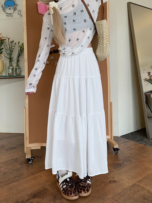 Biela torta, veľká sukňa v kórejskom štýle s vysokým pásom, štíhla všestranná sukňa v tvare A, dáždnik, sladká dovolenková plážová dlhá sukňa