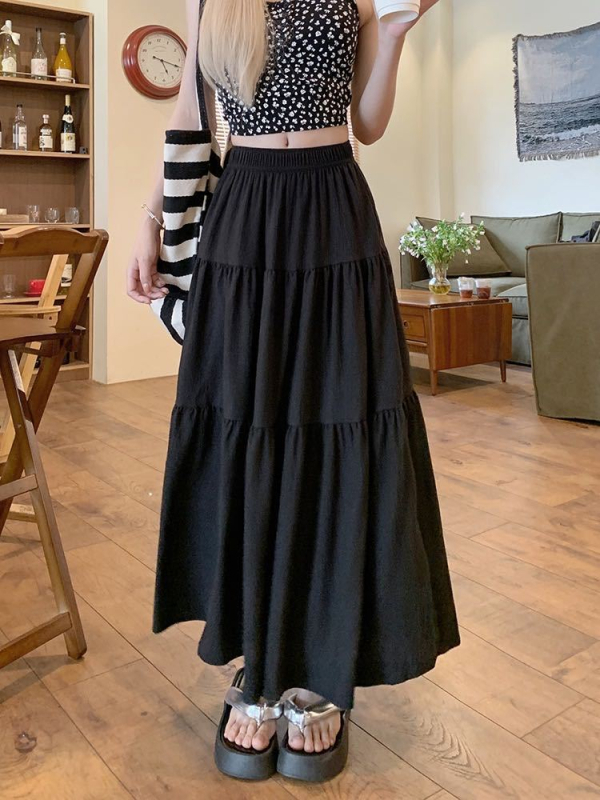 Biela torta, veľká sukňa v kórejskom štýle s vysokým pásom, štíhla všestranná sukňa v tvare A, dáždnik, sladká dovolenková plážová dlhá sukňa