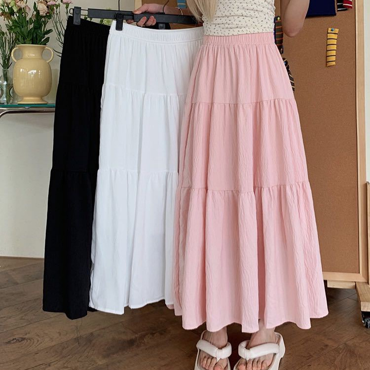 Biela torta, veľká sukňa v kórejskom štýle s vysokým pásom, štíhla všestranná sukňa v tvare A, dáždnik, sladká dovolenková plážová dlhá sukňa