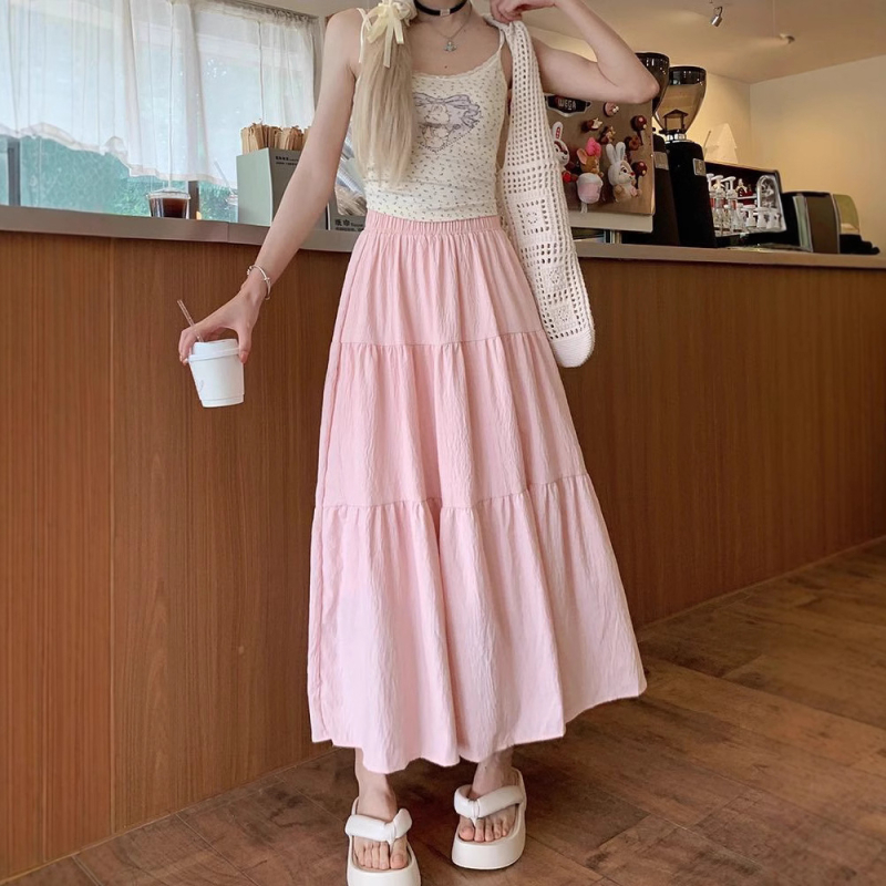 Biela torta, veľká sukňa v kórejskom štýle s vysokým pásom, štíhla všestranná sukňa v tvare A, dáždnik, sladká dovolenková plážová dlhá sukňa