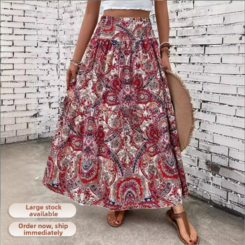 2025 Európska a americká nezávislá online zahraničná obchodná nová jarná a letná dámska sukňa, pohodlná a ležérna plážová potlač s pokrčeným dizajnom
