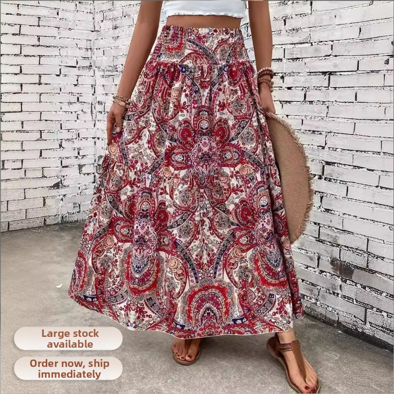 2025 Európska a americká nezávislá online zahraničná obchodná nová jarná a letná dámska sukňa, pohodlná a ležérna plážová potlač s pokrčeným dizajnom
