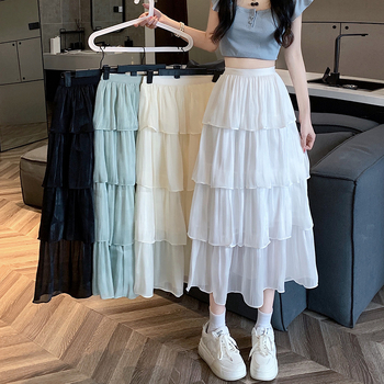 Dámska jarná a letná tenká voľná priadza so skladaným tortou, sukňa do A, stredne dlhá, s vysokým pásom a úzkym strihom