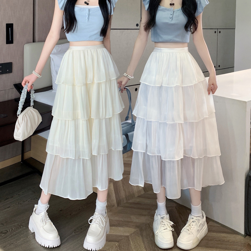 Dámska jarná a letná tenká voľná priadza so skladaným tortou, sukňa do A, stredne dlhá, s vysokým pásom a úzkym strihom