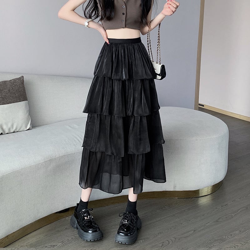 Dámska jarná a letná tenká voľná priadza so skladaným tortou, sukňa do A, stredne dlhá, s vysokým pásom a úzkym strihom