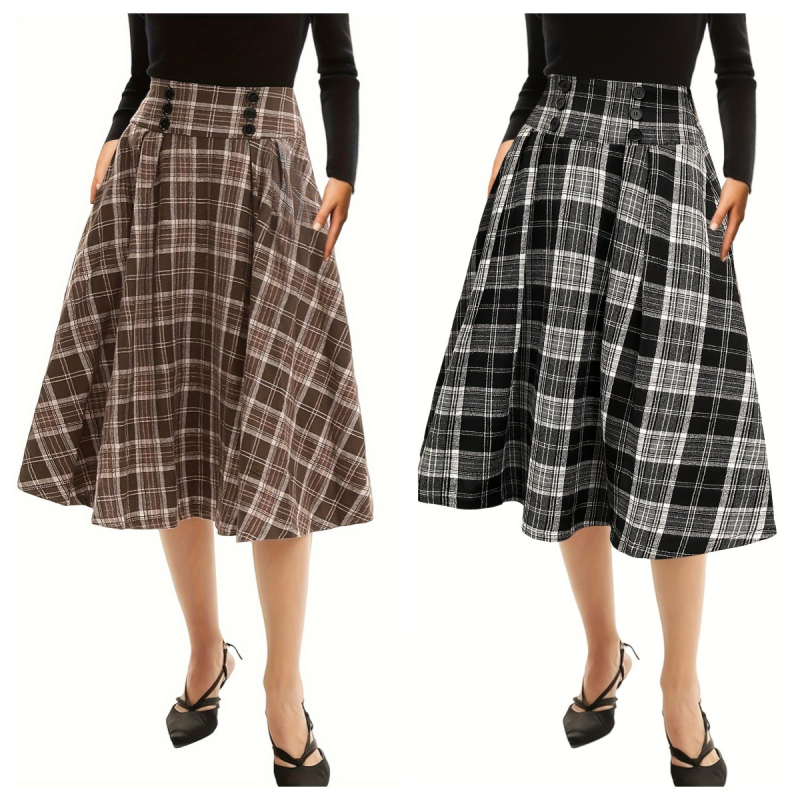 Трансгранична външна търговия Европейски и американски темперамент Преминаващ към работа Карирана пола плюс размер Пролет и есен Chubby M Универсална полиестерно-памучна пола със средна дължина А-силует
