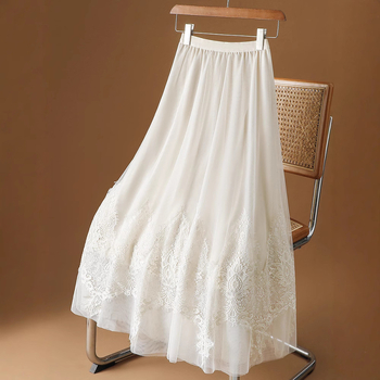 Francia hímzésű csipkehálós szoknya Női tavaszi/nyári 2025 új A-vonalú szoknya barackszínű fátyolszoknya bő lenge hosszú szoknya