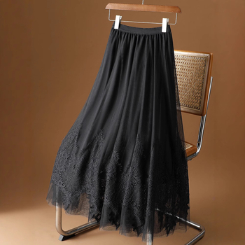 Γυναικεία φούστα με κέντημα από γαλλικό πλέγμα και δαντέλα, Άνοιξη και καλοκαίρι 2025, νέα φούστα σε γραμμή Α, φούστα με πέπλο, μεγάλη μακριά φούστα με κούνια