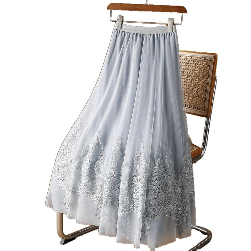 Francia hímzésű csipkehálós szoknya Női tavaszi/nyári 2025 új A-vonalú szoknya barackszínű fátyolszoknya bő lenge hosszú szoknya