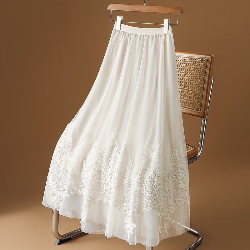 Francia hímzésű csipkehálós szoknya Női tavaszi/nyári 2025 új A-vonalú szoknya barackszínű fátyolszoknya bő lenge hosszú szoknya