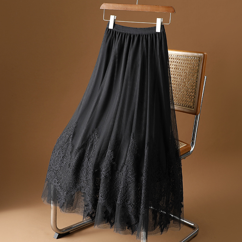 Francia hímzésű csipkehálós szoknya Női tavaszi/nyári 2025 új A-vonalú szoknya barackszínű fátyolszoknya bő lenge hosszú szoknya