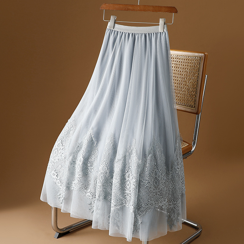 Francia hímzésű csipkehálós szoknya Női tavaszi/nyári 2025 új A-vonalú szoknya barackszínű fátyolszoknya bő lenge hosszú szoknya