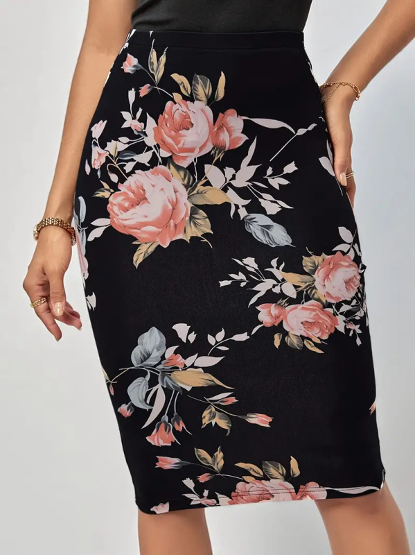 Fustă elegantă cu talie înaltă, cu un singur pas, Amazon TEMU, vară nouă, cu imprimeu floral, lungime până la genunchi, 2024