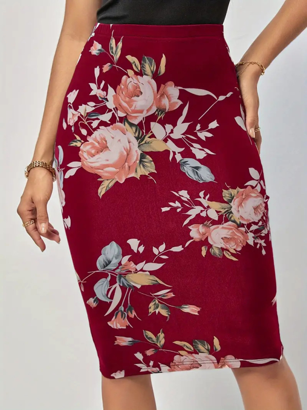 Fustă elegantă cu talie înaltă, cu un singur pas, Amazon TEMU, vară nouă, cu imprimeu floral, lungime până la genunchi, 2024