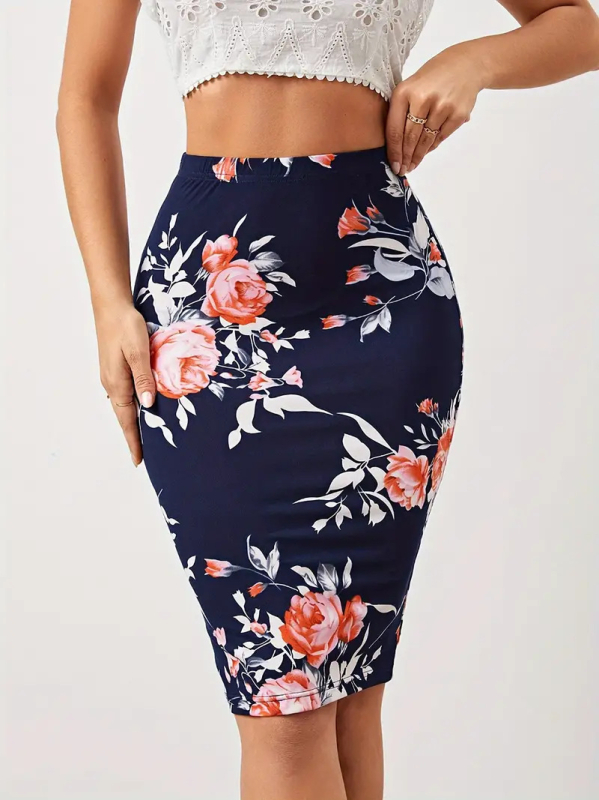 Fustă elegantă cu talie înaltă, cu un singur pas, Amazon TEMU, vară nouă, cu imprimeu floral, lungime până la genunchi, 2024