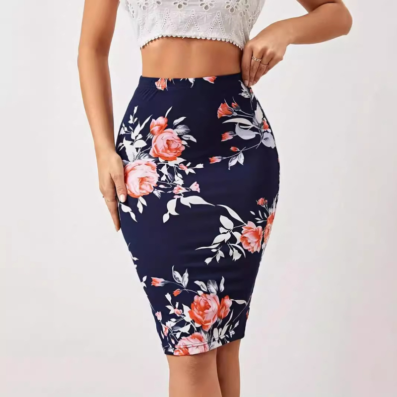 Fustă elegantă cu talie înaltă, cu un singur pas, Amazon TEMU, vară nouă, cu imprimeu floral, lungime până la genunchi, 2024