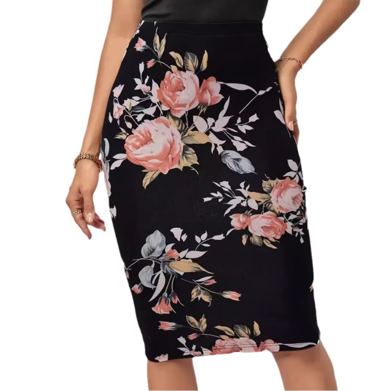 Fustă elegantă cu talie înaltă, cu un singur pas, Amazon TEMU, vară nouă, cu imprimeu floral, lungime până la genunchi, 2024