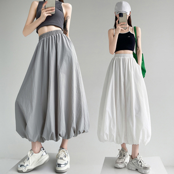 Fustă de damă cu talie înaltă, stil american, leneș, sport, vrac, cu flori, model boboc, stil american, stradă, gri, talie elastică, fustă bufantă, lungime medie, fustă