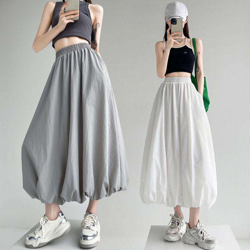 Fustă de damă cu talie înaltă, stil american, leneș, sport, vrac, cu flori, model boboc, stil american, stradă, gri, talie elastică, fustă bufantă, lungime medie, fustă