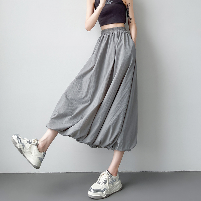 Fustă de damă cu talie înaltă, stil american, leneș, sport, vrac, cu flori, model boboc, stil american, stradă, gri, talie elastică, fustă bufantă, lungime medie, fustă