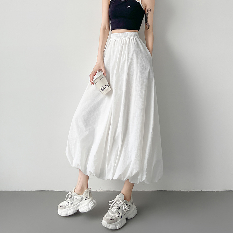 Fustă de damă cu talie înaltă, stil american, leneș, sport, vrac, cu flori, model boboc, stil american, stradă, gri, talie elastică, fustă bufantă, lungime medie, fustă
