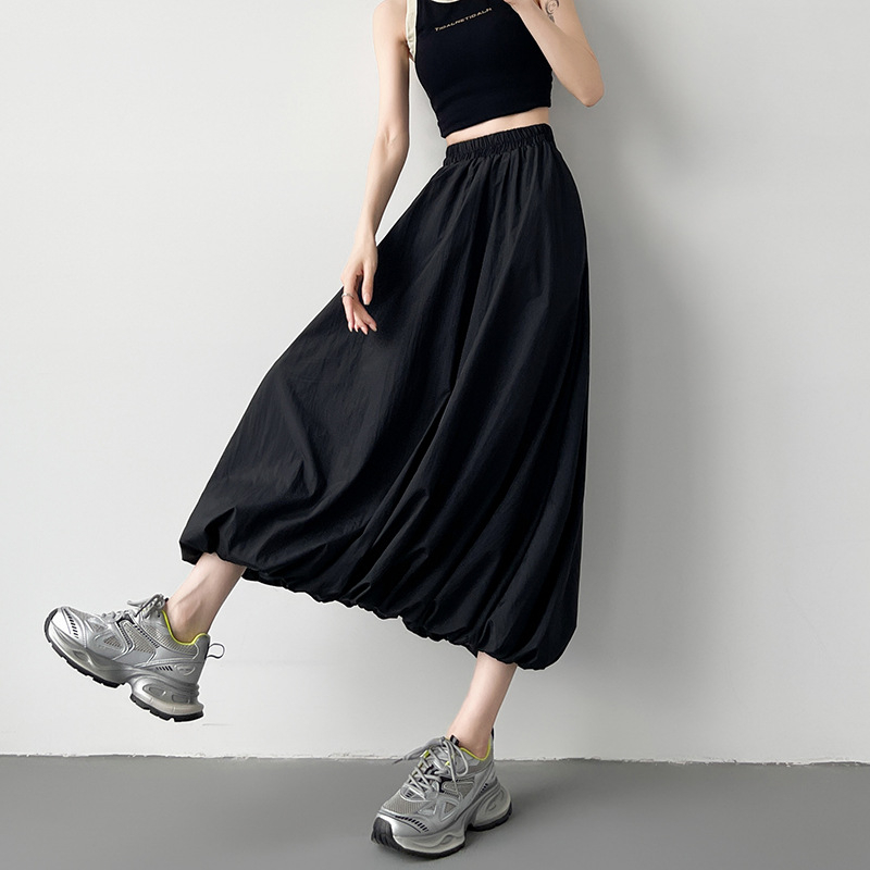 Fustă de damă cu talie înaltă, stil american, leneș, sport, vrac, cu flori, model boboc, stil american, stradă, gri, talie elastică, fustă bufantă, lungime medie, fustă