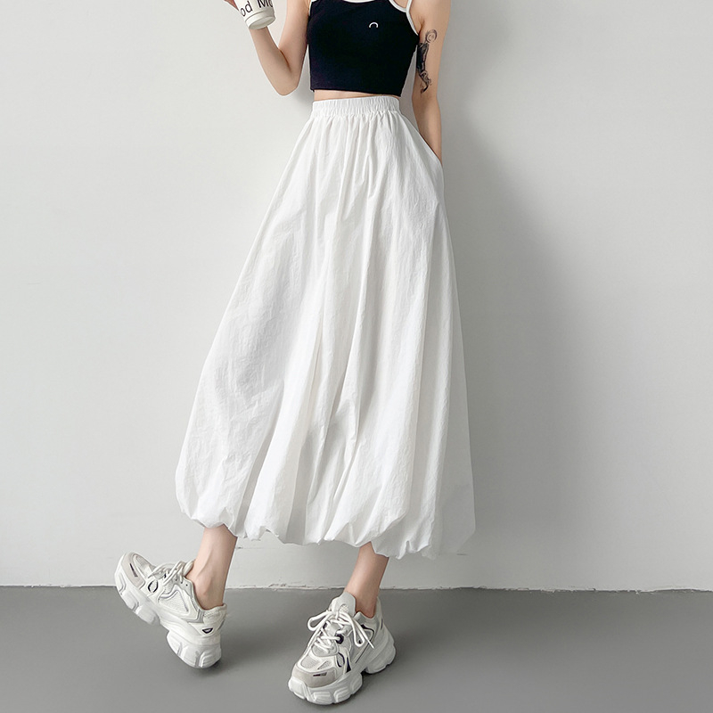 Fustă de damă cu talie înaltă, stil american, leneș, sport, vrac, cu flori, model boboc, stil american, stradă, gri, talie elastică, fustă bufantă, lungime medie, fustă