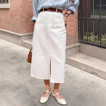 Дънкова пола за жени, есенна пола с висока талия и прегъване на дупето, нова винтидж права тръбна широка пола А-силует със средна дължина