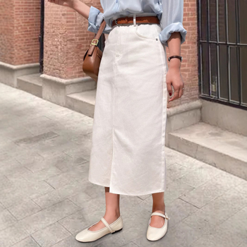 Дънкова пола за жени, есенна пола с висока талия и прегъване на дупето, нова винтидж права тръбна широка пола А-силует със средна дължина
