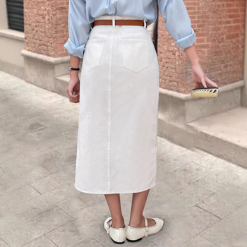 Дънкова пола за жени, есенна пола с висока талия и прегъване на дупето, нова винтидж права тръбна широка пола А-силует със средна дължина