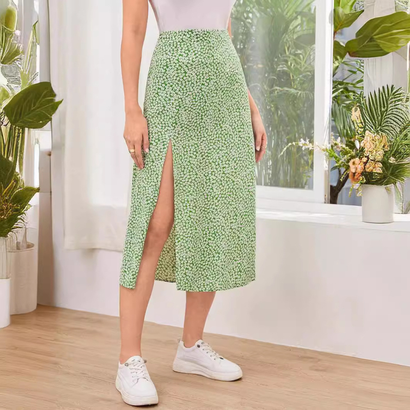 Amazon prekogranični izvoz 2025. proljeće i jesen nova europska i američka cvjetna suknja s prorezom A-kroja koja prekriva bokove, duga suknja do sredine struka